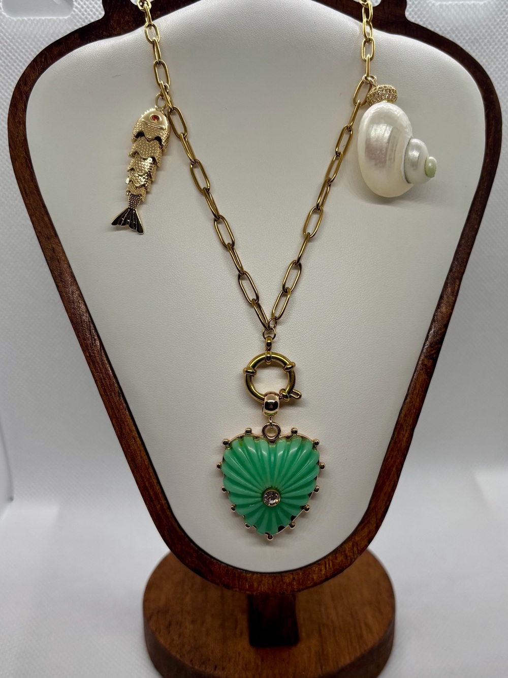 Gold Chain Necklace with Green Heart Pendant